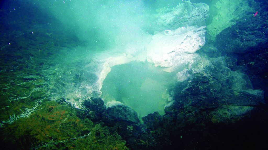 A “snowblower” vent with millions of microbes rising upward in warm vent fluids out of a collapsed lobate lava flow on the Juan de Fuca Ridge during a 2011 eruption.  Karson et al. 2015, “Discovering the Deep: a photographic atlas of the seafloor and oceanic crust.” Cambridge University Press